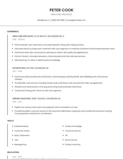 Skin Care Specialist Resume