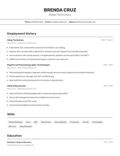 Sleep Technician Resume