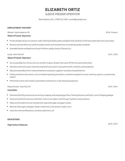 Sleeve Presser Operator Resume