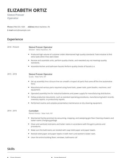 Sleeve Presser Operator Resume