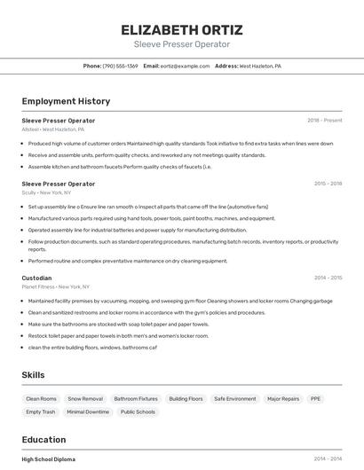 Sleeve Presser Operator Resume