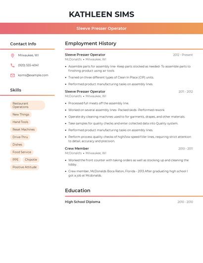 Sleeve Presser Operator Resume