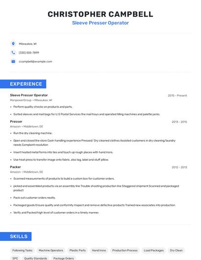 Sleeve Presser Operator Resume