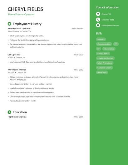 Sleeve Presser Operator Resume