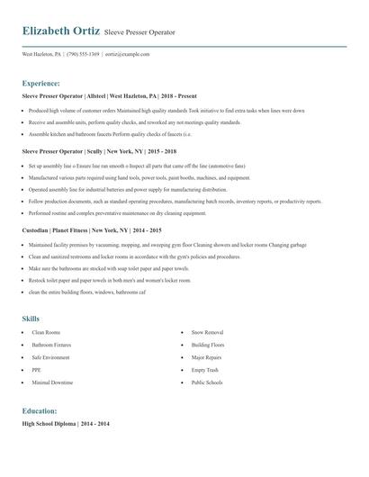 Sleeve Presser Operator Resume