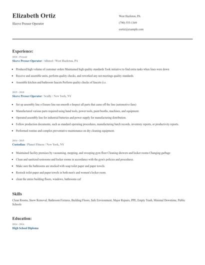 Sleeve Presser Operator Resume