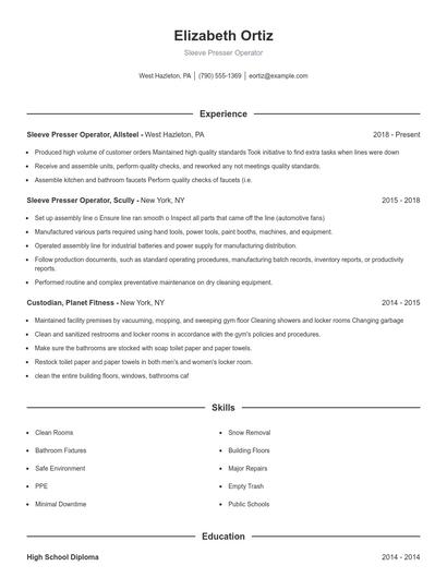 Sleeve Presser Operator Resume