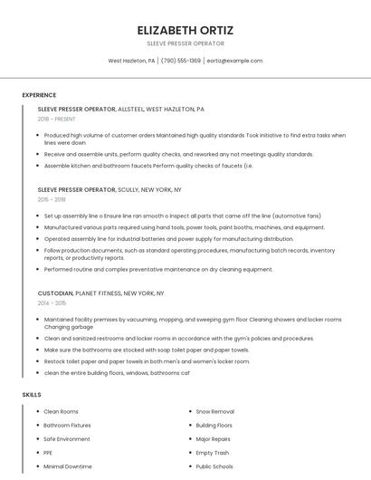Sleeve Presser Operator Resume