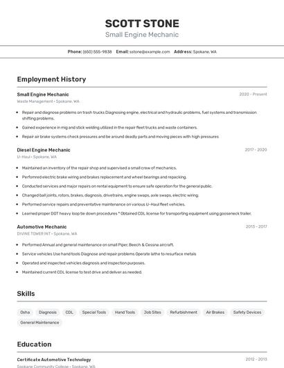 Small Engine Mechanic Resume