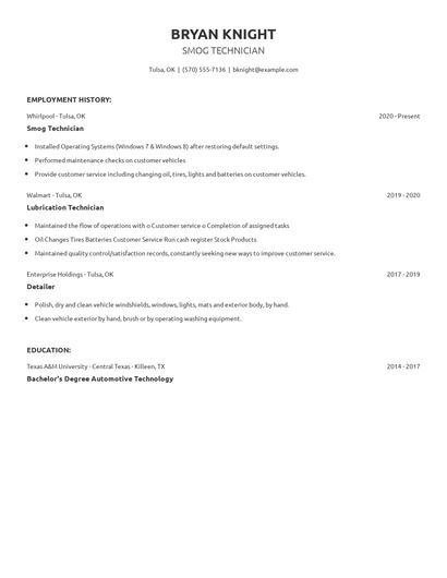 Smog Technician Resume
