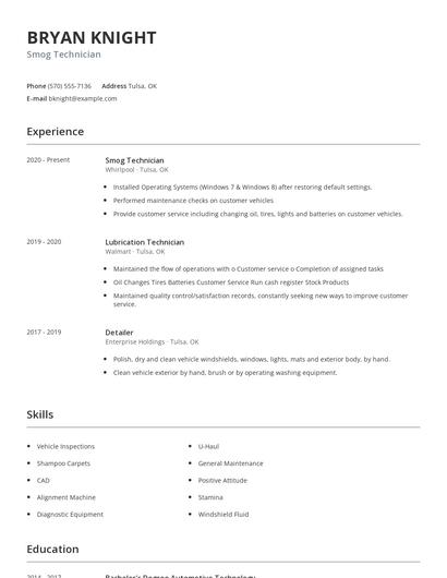 Smog Technician Resume