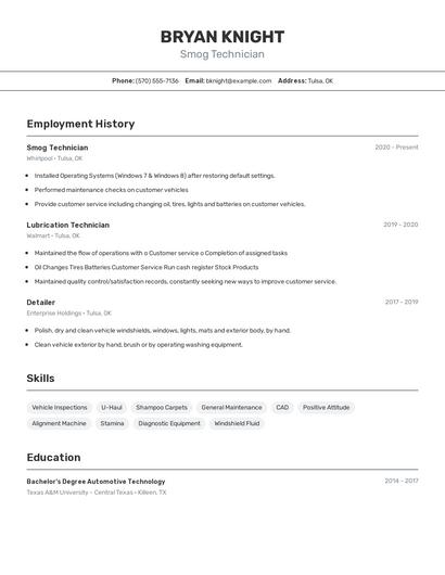Smog Technician Resume