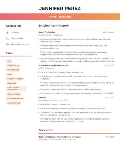 Smog Technician Resume