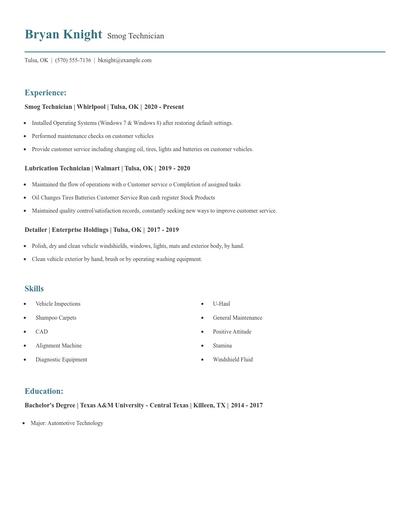 Smog Technician Resume
