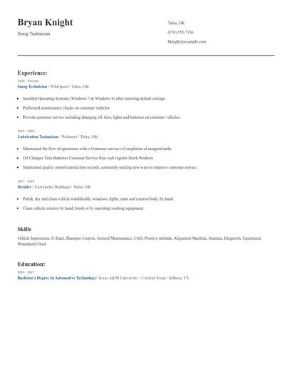 Smog Technician Resume