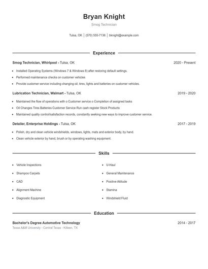 Smog Technician Resume