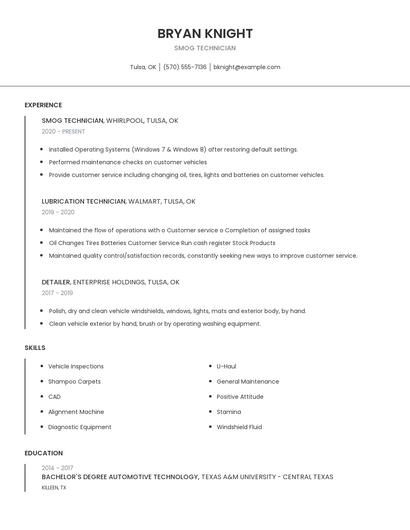 Smog Technician Resume