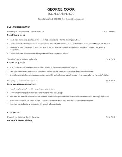Social Chairperson Resume