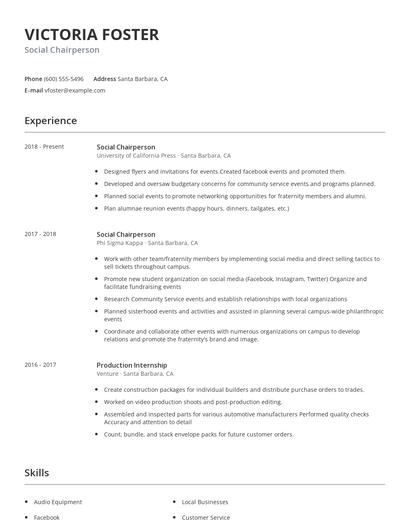Social Chairperson Resume
