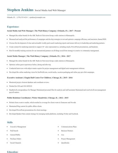 Social Media And Web Manager Resume