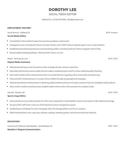 Social Media Editor Resume