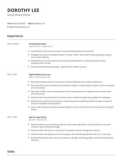 Social Media Editor Resume