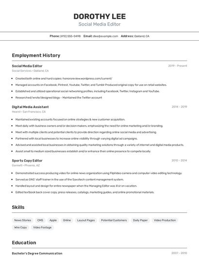 Social Media Editor Resume
