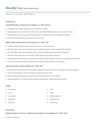 Social Media Editor Resume