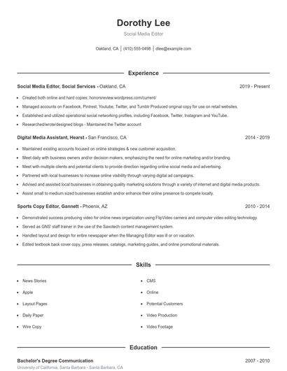 Social Media Editor Resume