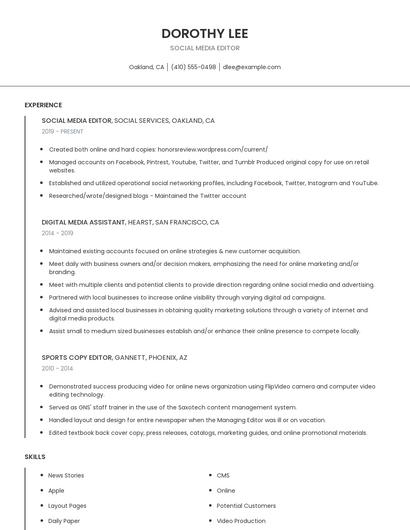Social Media Editor Resume