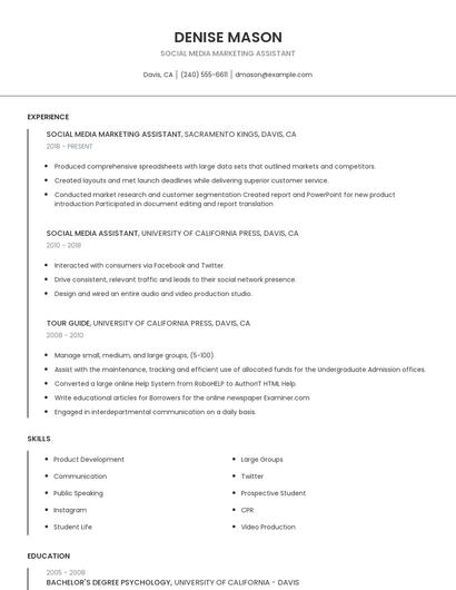 Social Media Marketing Assistant Resume