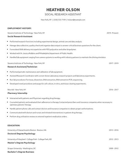 Social Research Assistant Resume