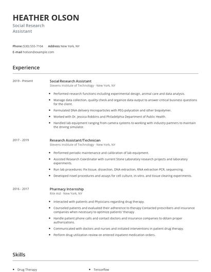Social Research Assistant Resume