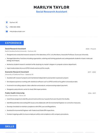 Social Research Assistant Resume