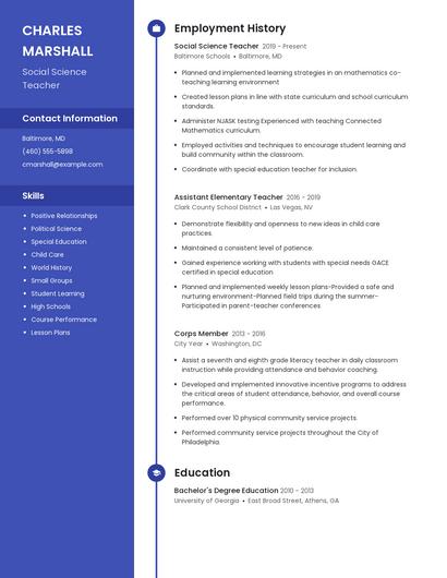Social Science Teacher Resume