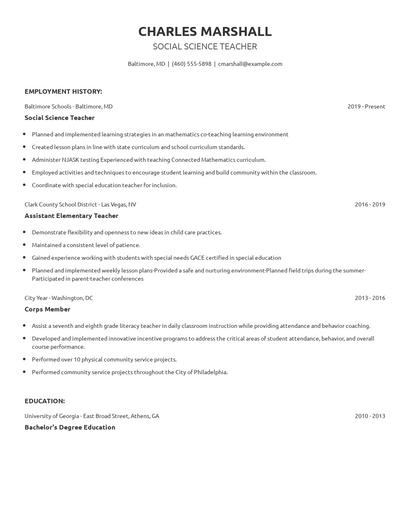 Social Science Teacher Resume