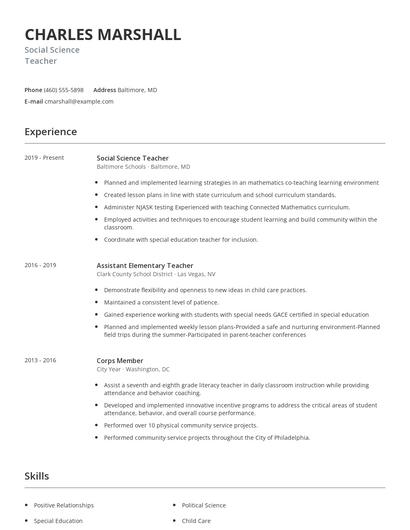 Social Science Teacher Resume