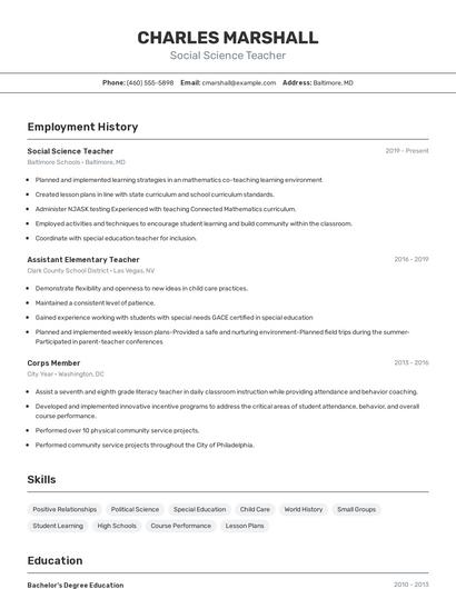 Social Science Teacher Resume