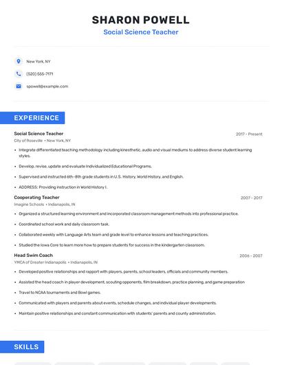 Social Science Teacher Resume