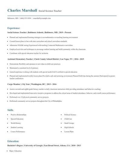 Social Science Teacher Resume