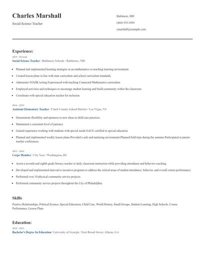 Social Science Teacher Resume