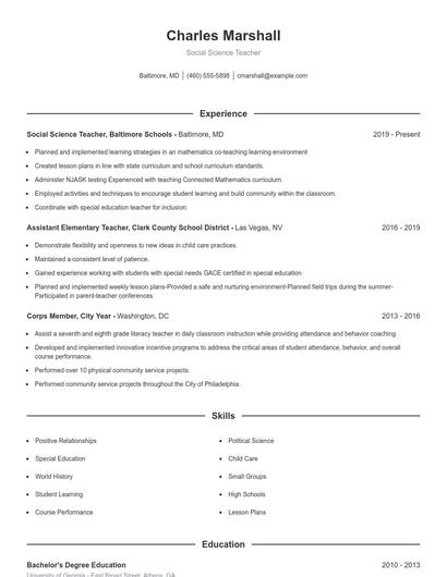 Social Science Teacher Resume