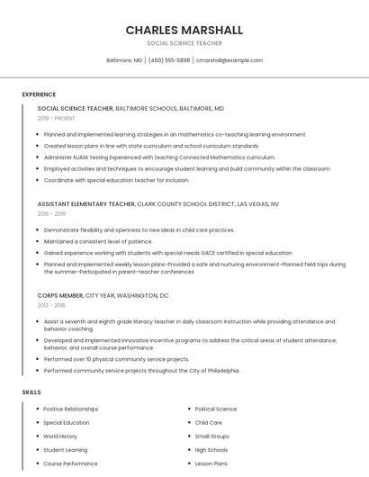 Social Science Teacher Resume