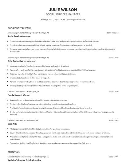 Social Services Manager Resume