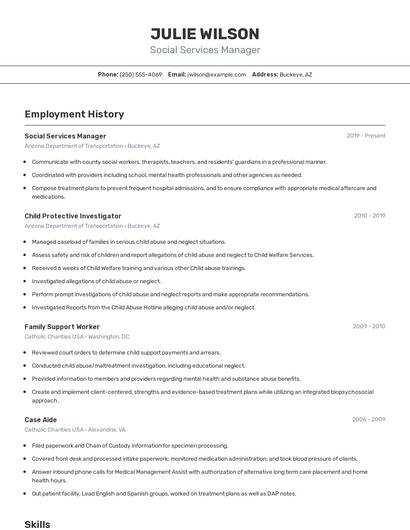 Social Services Manager Resume