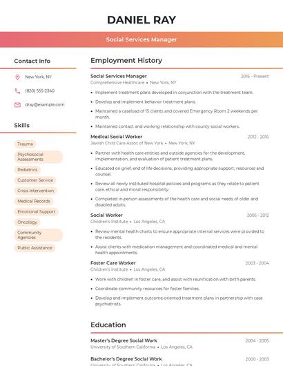 Social Services Manager Resume