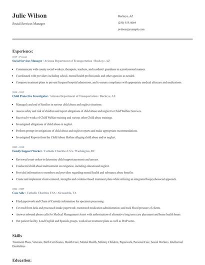 Social Services Manager Resume