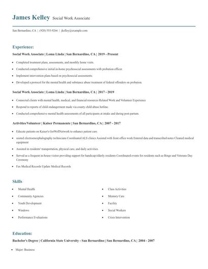 Social Work Associate Resume