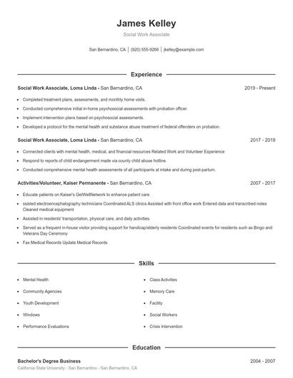 Social Work Associate Resume