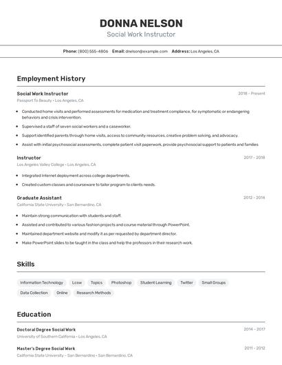 Social Work Instructor Resume